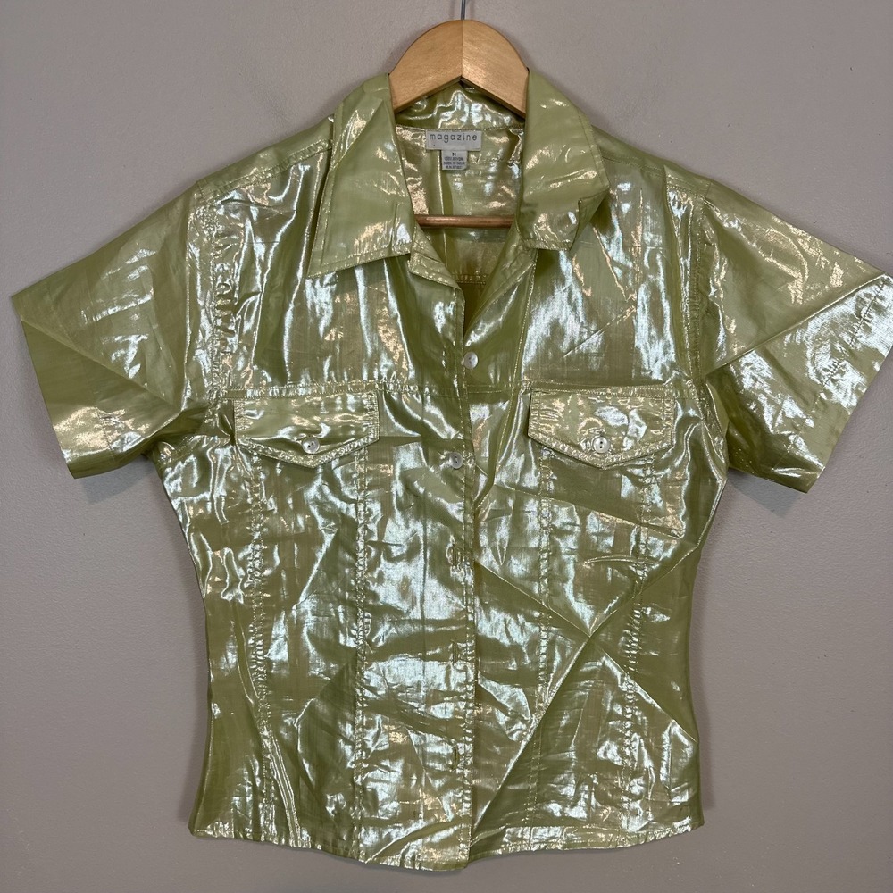 Magazine Shirt Lime Green VTG Y2K Vinyl Rayon Button Up Casual Wear Top Womens M